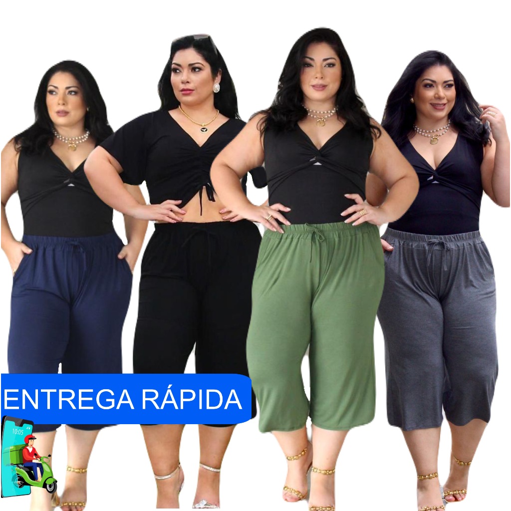 Calça Pantacourt Plus Size Com Bolsos Laterais