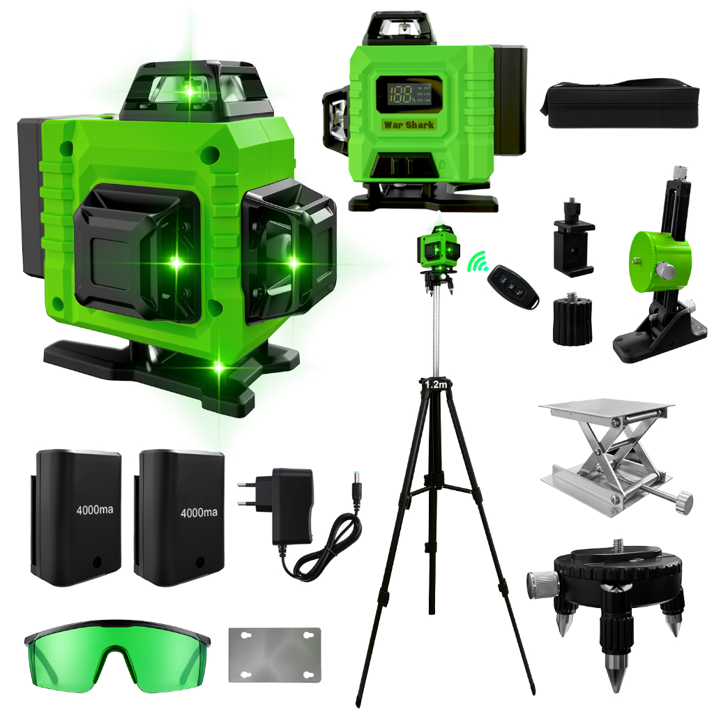 War Shark Nível Laser 16 Linhas Profissional  Verde Nível 360° Auto-Nivelante 4D + Tripé 1.2m + 40m