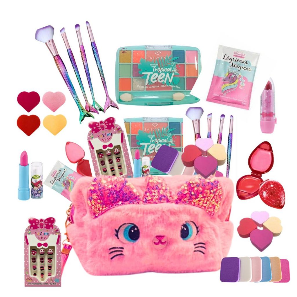 kit Maquiagem de criança Infantil 11 itens completo sombras necessaire gloss batom pinceis