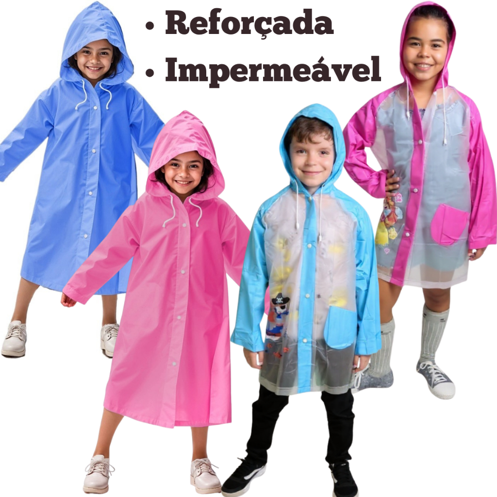 Capa de Chuva infantil Colorida – Reforçada Resistente Impermeável Com Capuz Unissex