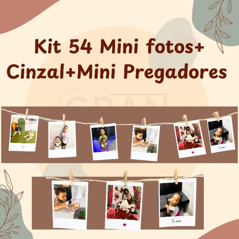 Kit Mini Fotos Com Varal Sisal e Mini Pregador de 9 a 54 unidades – Com frase/Sem frase+ENVIO RÁPIDO
