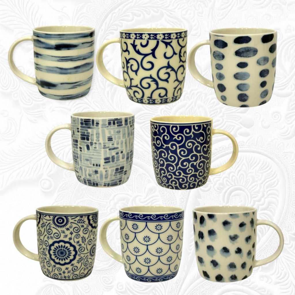 Caneca Xícara de Porcelana Azul e Branca  Estilo Japonês | 350ml | Diversos Modelos