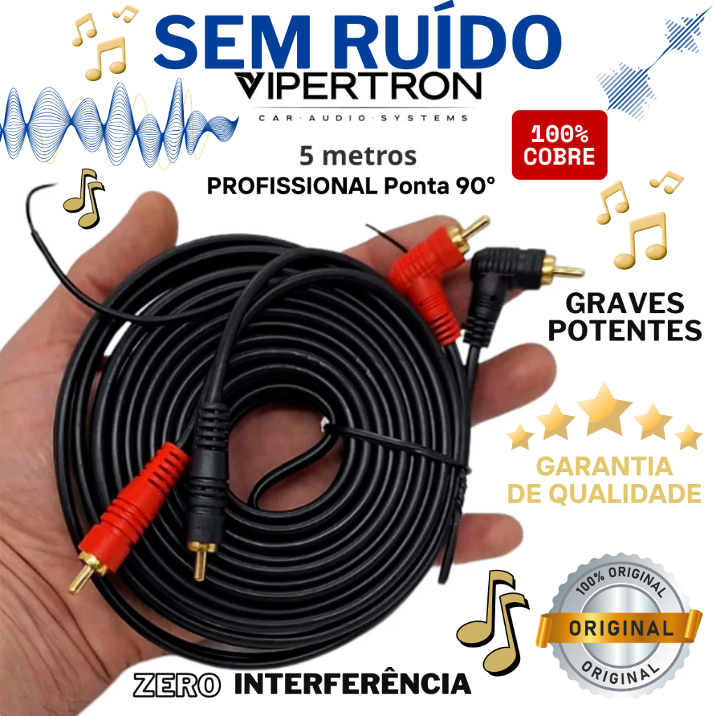 Cabo RCA 5 Metros Emborrachado Automotivo Som Profissional Carro Cobre Puro Flexivel Vipertron 90