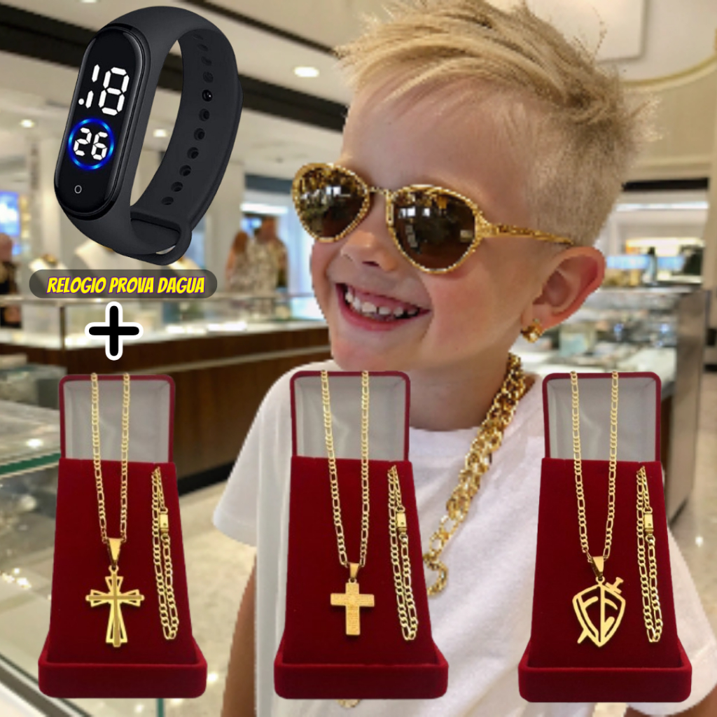 Conjunto Masculino Infantil 3×1 Cordão Infantil Menino + Pulseira Banhado Ouro  + Relógio Digital Pr