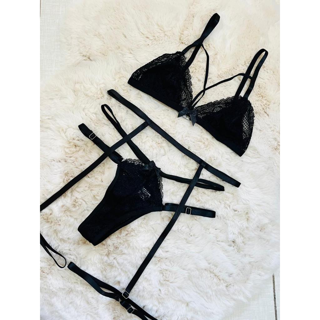 Kit Conjunto Lingerie Sexy Feminino de Renda Com Cinta Liga