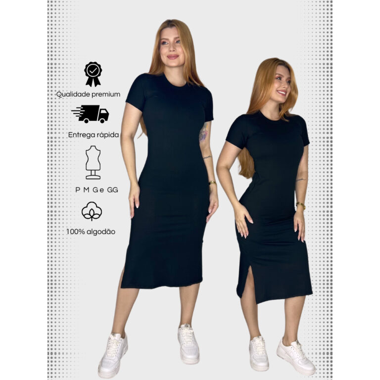 Vestido Feminino Midi Manga Curta Fenda Lateral So