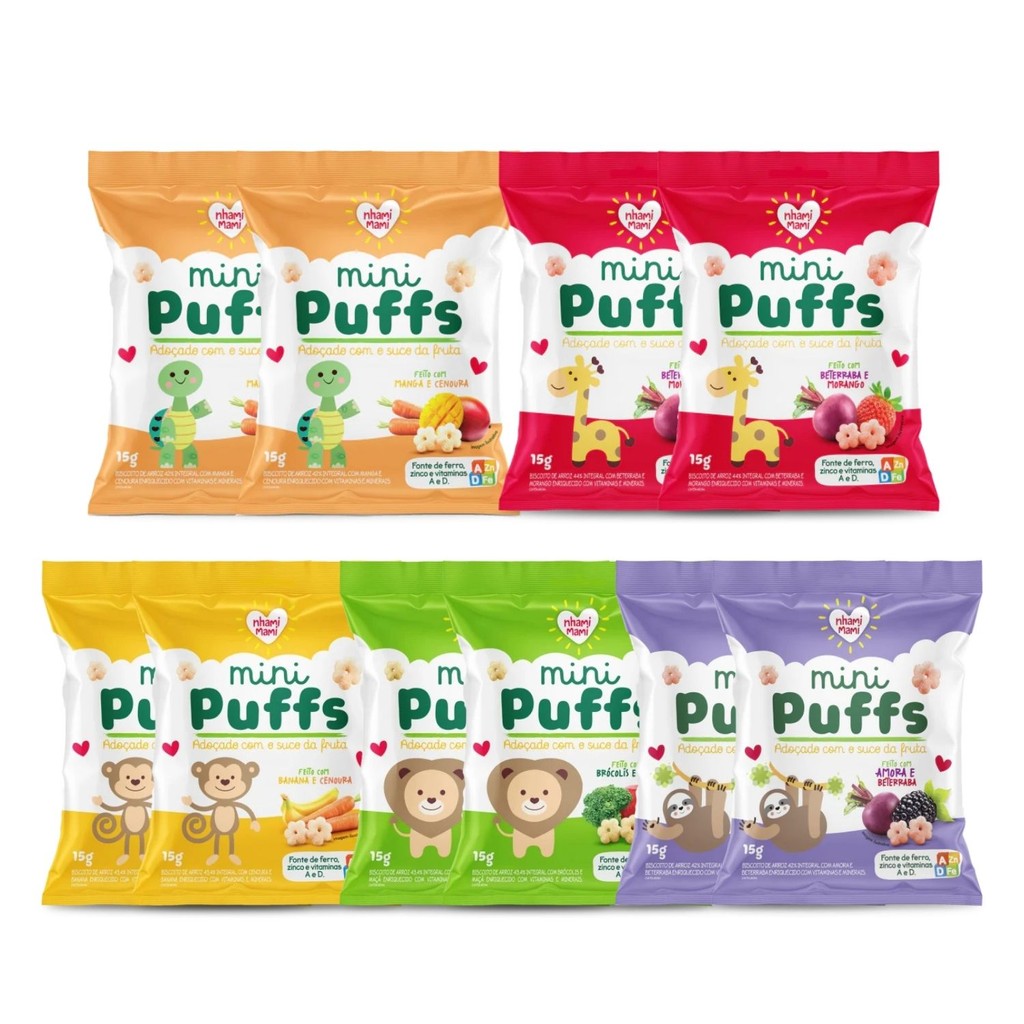 Kit Biscoito Nhami Mami Mini Puffs Sabores Sortidos – 10 Unidades 15g