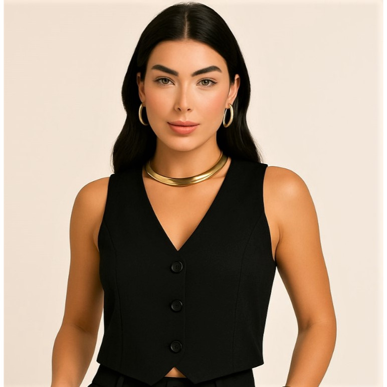 Colete Alfaitaria Forro Duplo Social Curto Feminino Moda Casual Gola V Verão/Outono/Inverno
