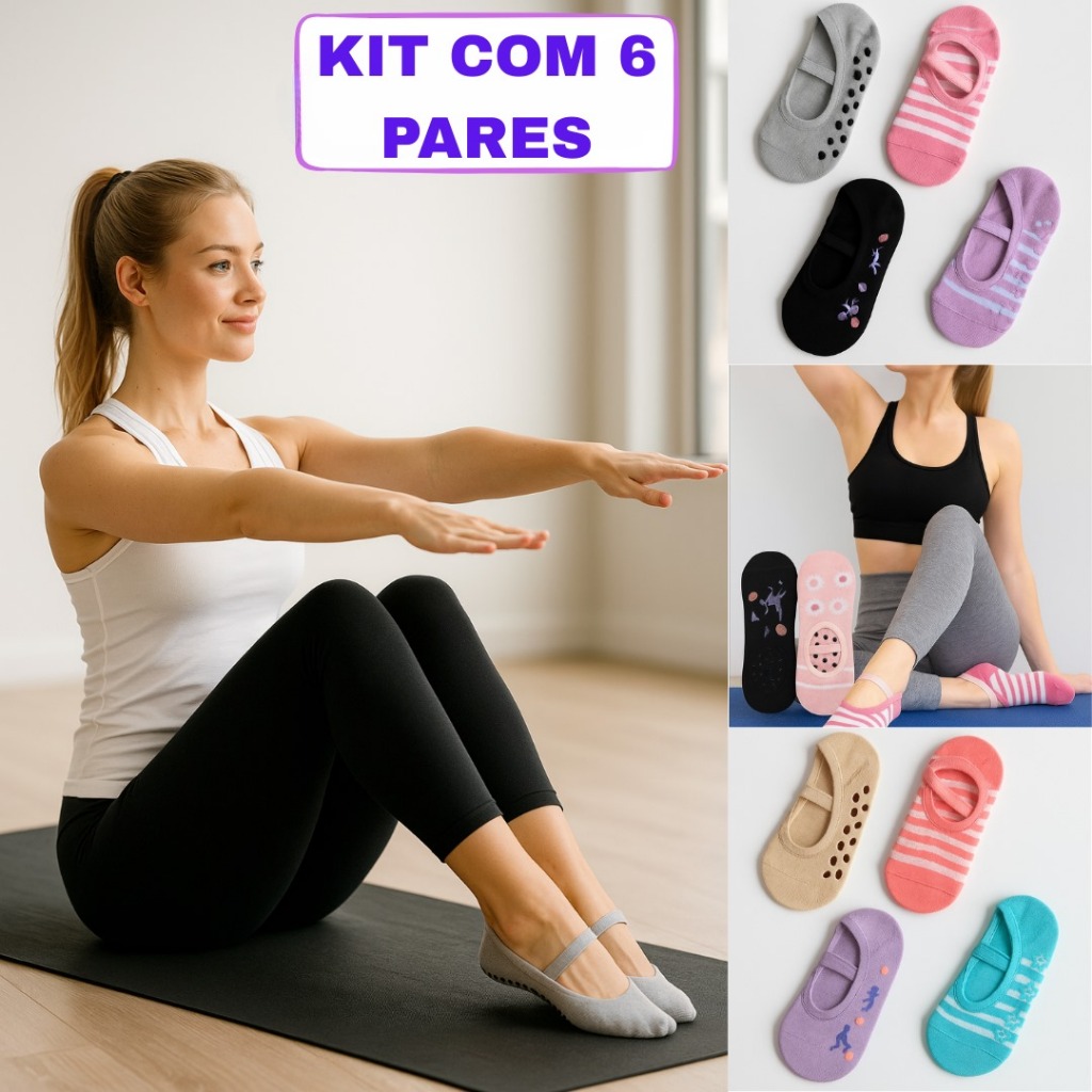 Kit Pares de Meia Sapatilha Antiderrapante Pilates Yoga Hidroginástica segura e confortável