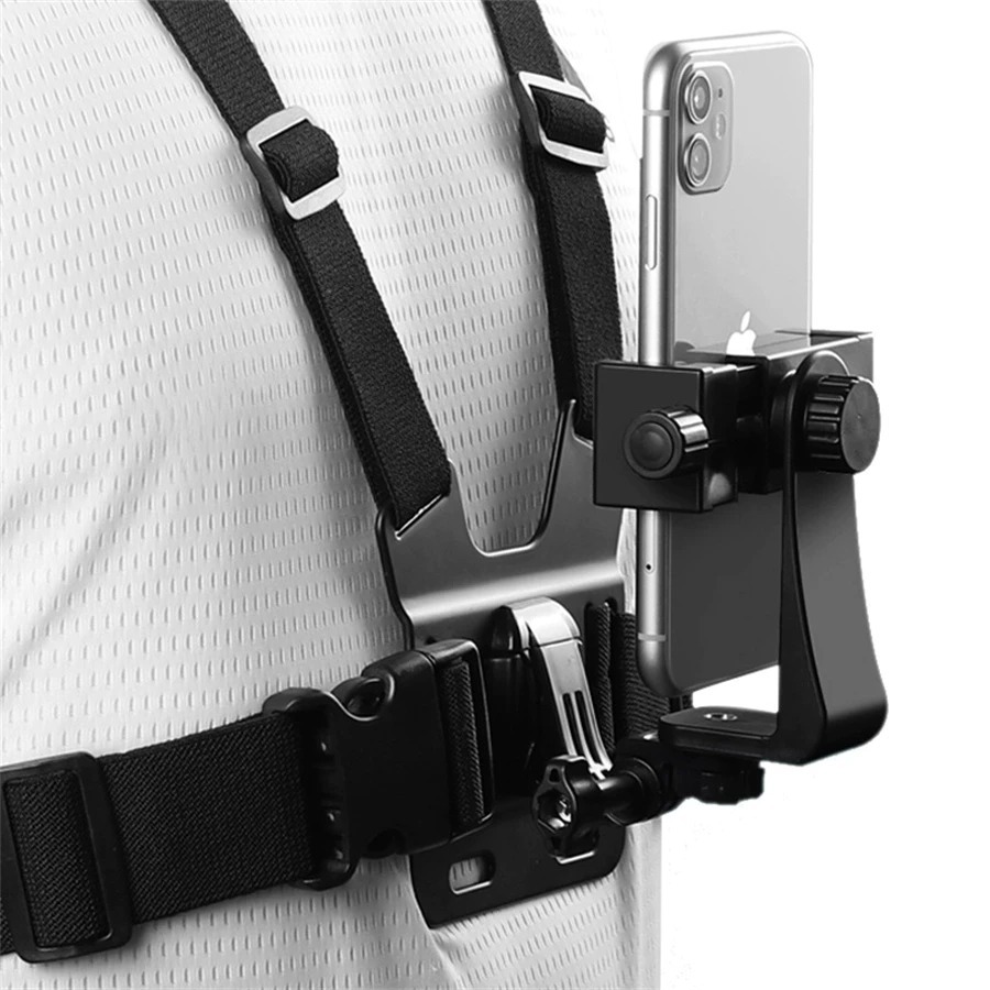 Suporte de peito ajustável para celular e câmera GoPro no peito para motocicleta e bicicleta
