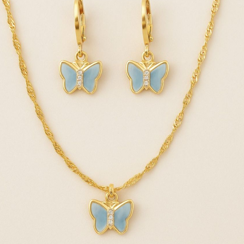 Conjunto Semijoia Banhado a Ouro Kit Colar e Brinco Borboleta Azul Infantil ou Adulto
