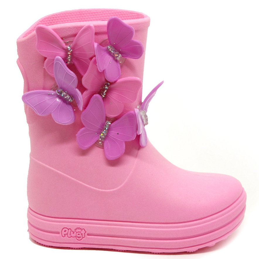 Galocha Infantil Feminina Plugt Borboletas Acqua Drops Rosa Chiclete Impermeável Antiderrapante