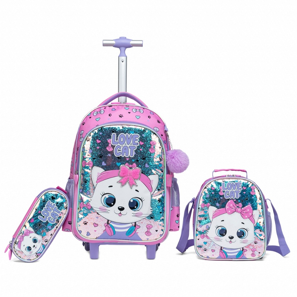 Kit Mochila Escolar Yupe Gatinha Menina Rodinha Estojo Lancheira