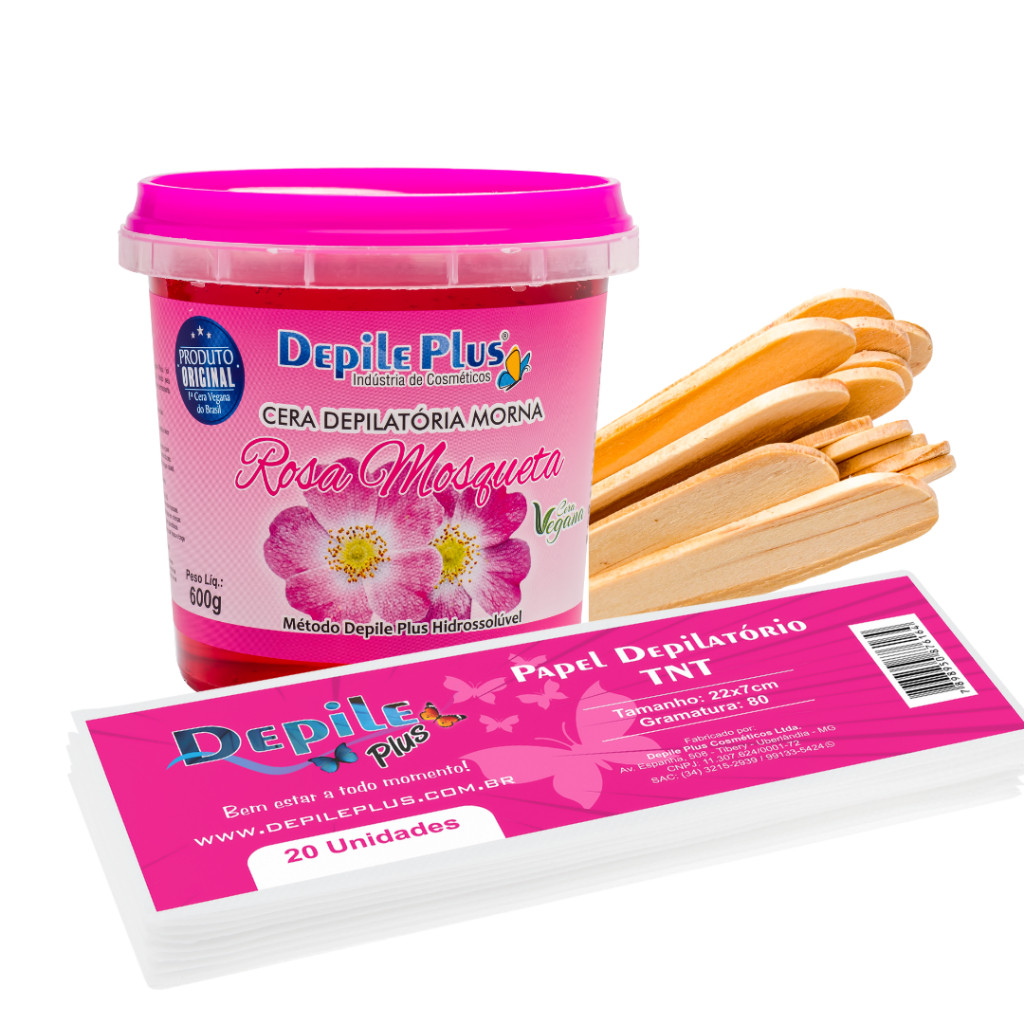 Kit Cera Depilatoria Hidrossoluvel 600g + Espátula Larga 15 Unidades + Papel Depilatorio 20 Unidades