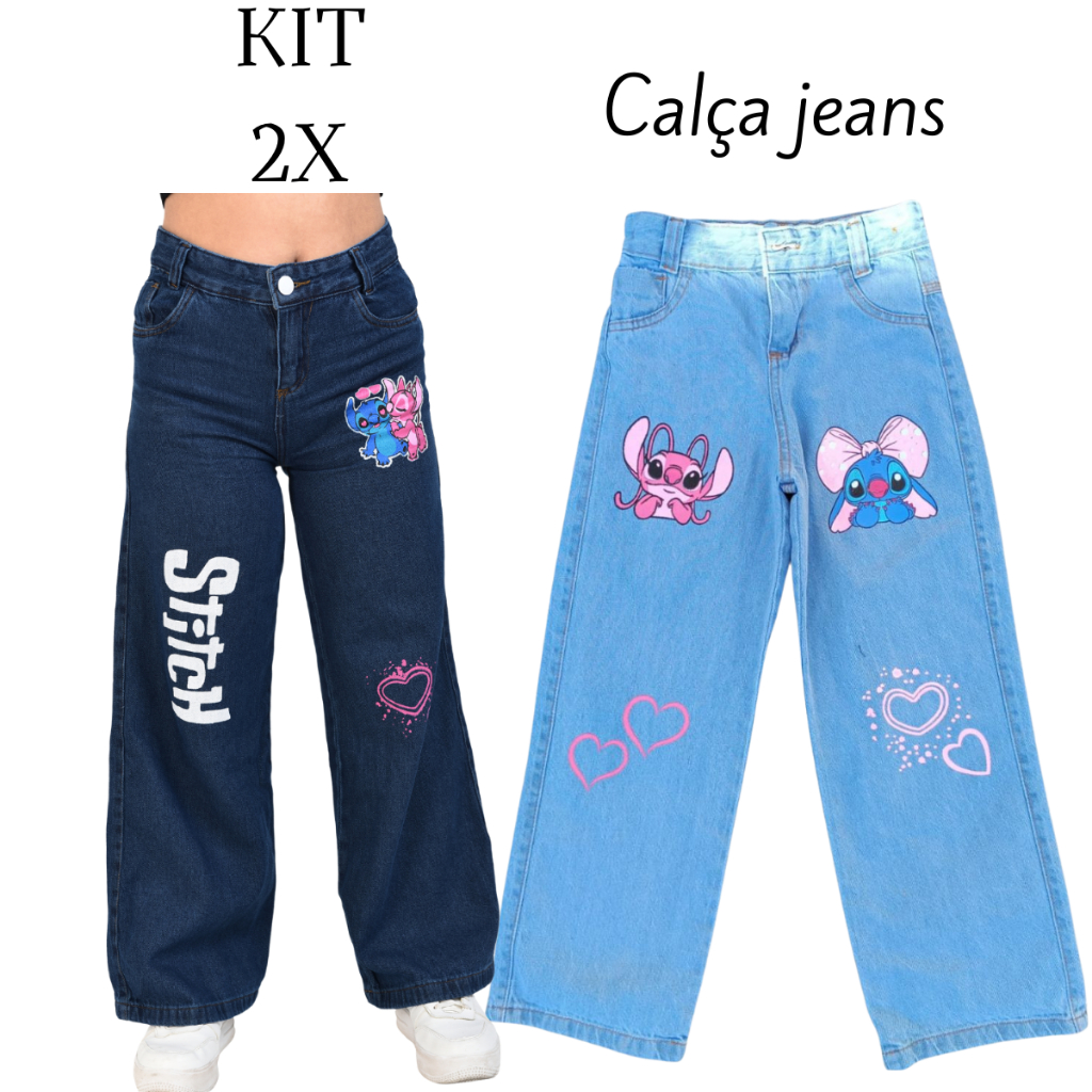 Kit 2 Calças Pantalona Wide Leg Jeans Escuro Blogueira infantil