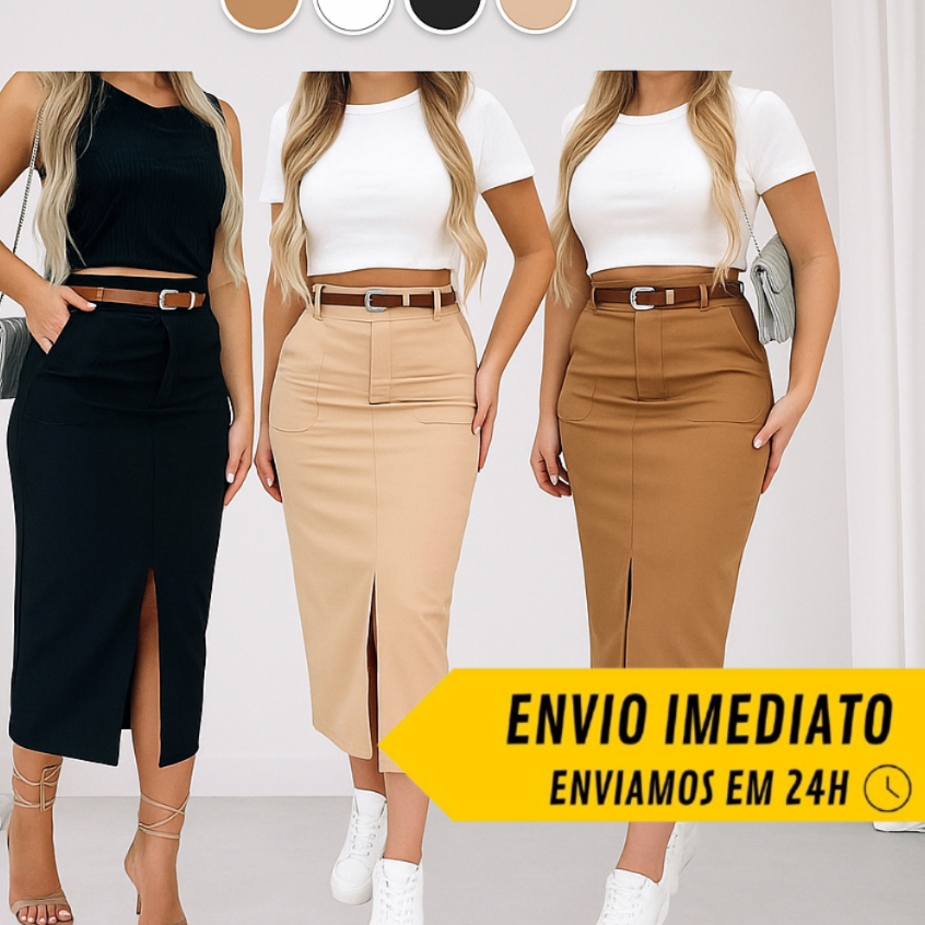 Saia Midi Alfaiataria Com Cinto Feminino Fenda e Bolsos Frontais Sofisticação e Versatilidade em Uma