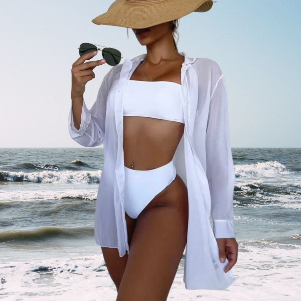 Kimono Saída de Praia Feminino Curto Camisa Manga Longa Blusão Banho Simples Verão Sem Botão Estilo