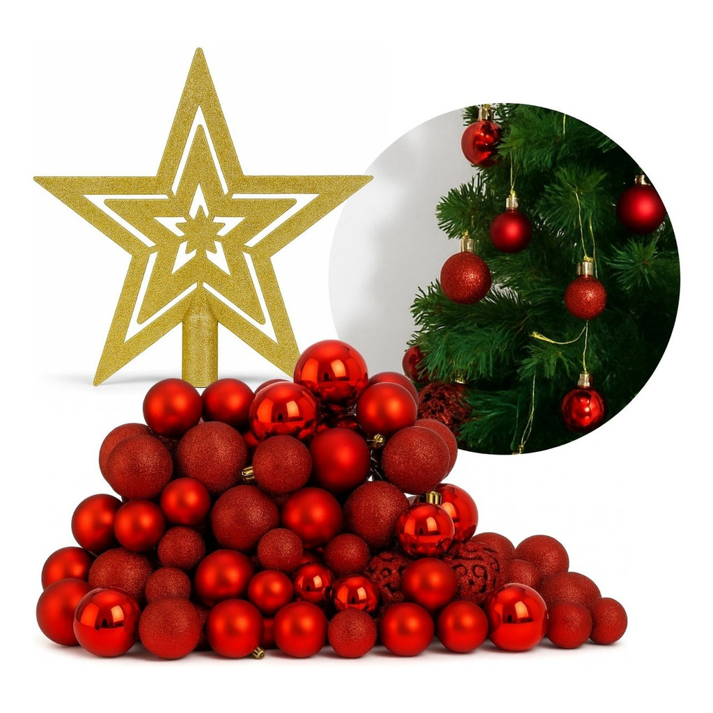 Kit 100 Bola + Brinde Estrela Enfeite Árvore Natal Decoração