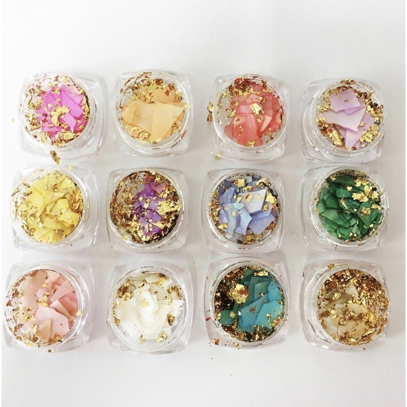 Kit 12  Decoração Madrepérola Unha Encapsulada Shell Folha De Ouro Luxo Nail Art Gel Pronta Entrega
