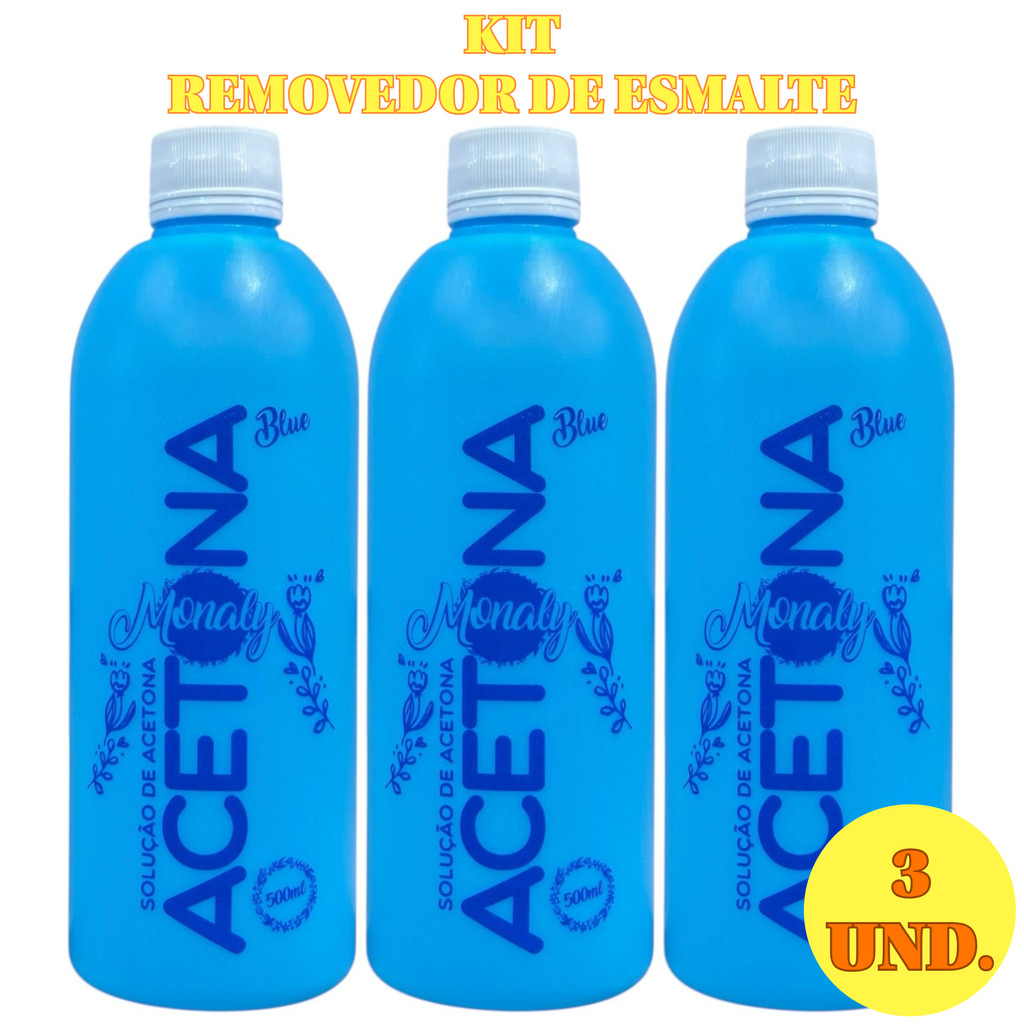 Removedores de Esmalte 500ml | Kit 3 Unid | Monaly | À Base de Acetona | Limpeza Rápida e Eficiente
