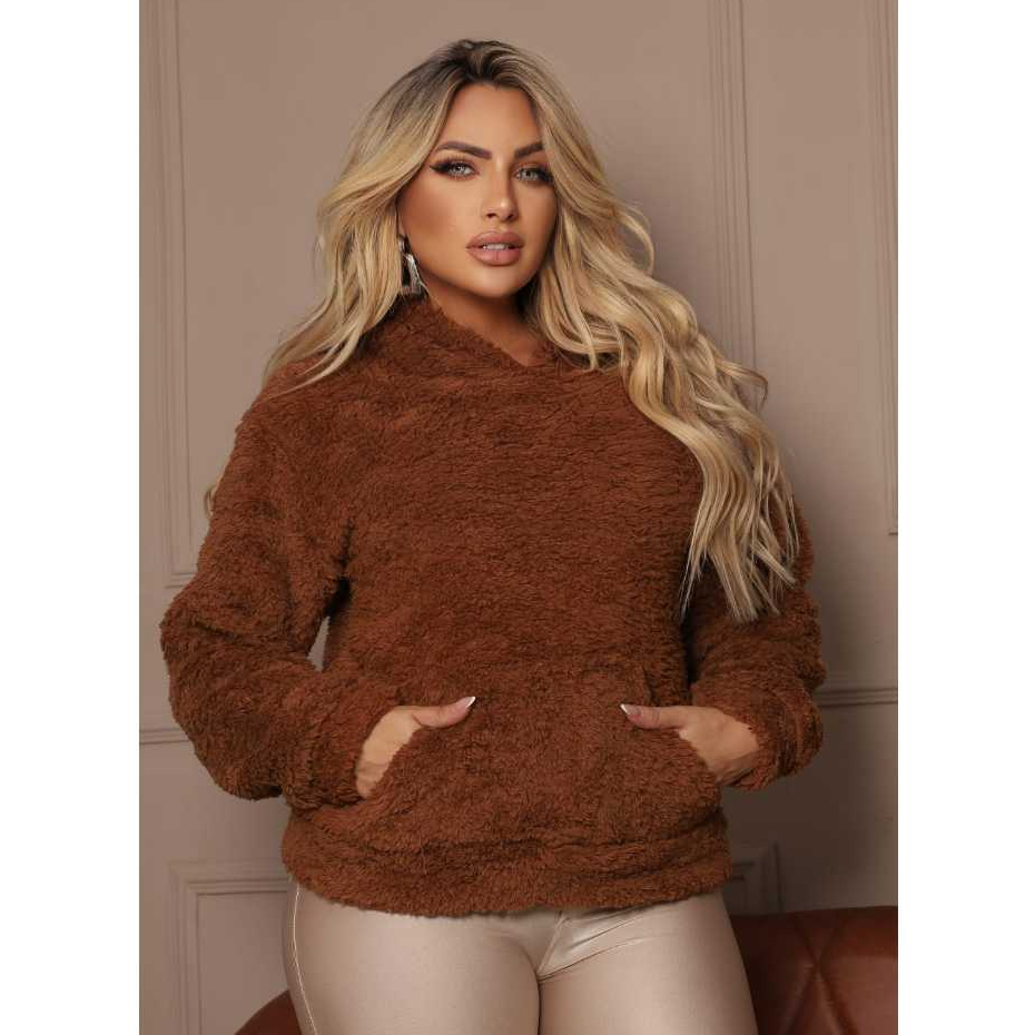 Casaco Peluciado Forrado Feminino Manga Longa Modelo Teddy Canguru