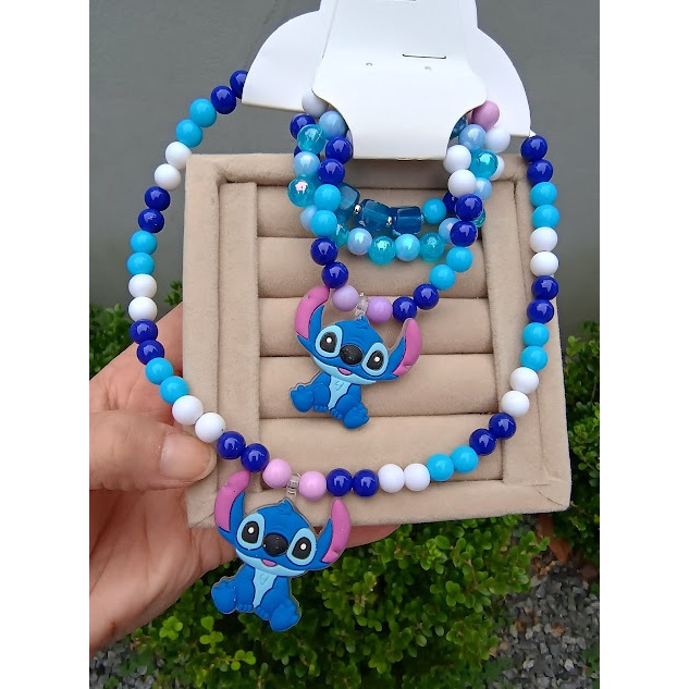 Colar Infantil Miçanga + 3 pulseiras Stitch Angel