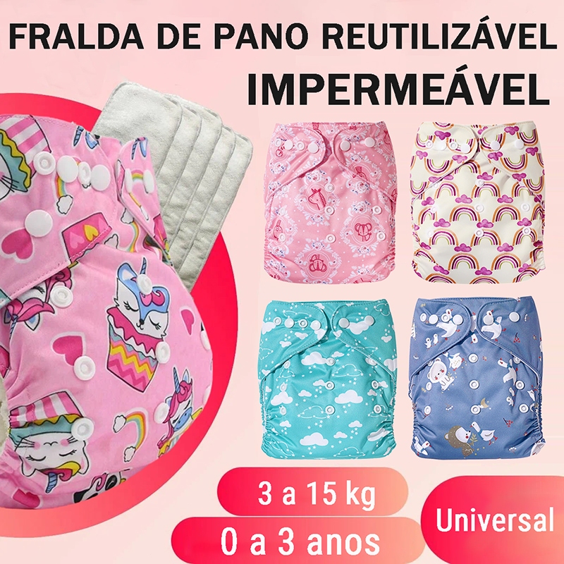 Fralda De Pano Reutilizável Absorvente Impermeável Ajustável Desfralde Bebês Macia À Pele Respirável