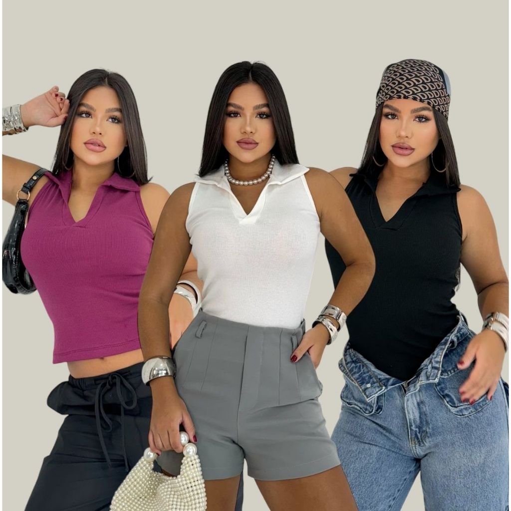 Regata Canelada Camisa Gola Polo Blusa Básica Feminina Liso Camiseta Casual Moderna Tendência