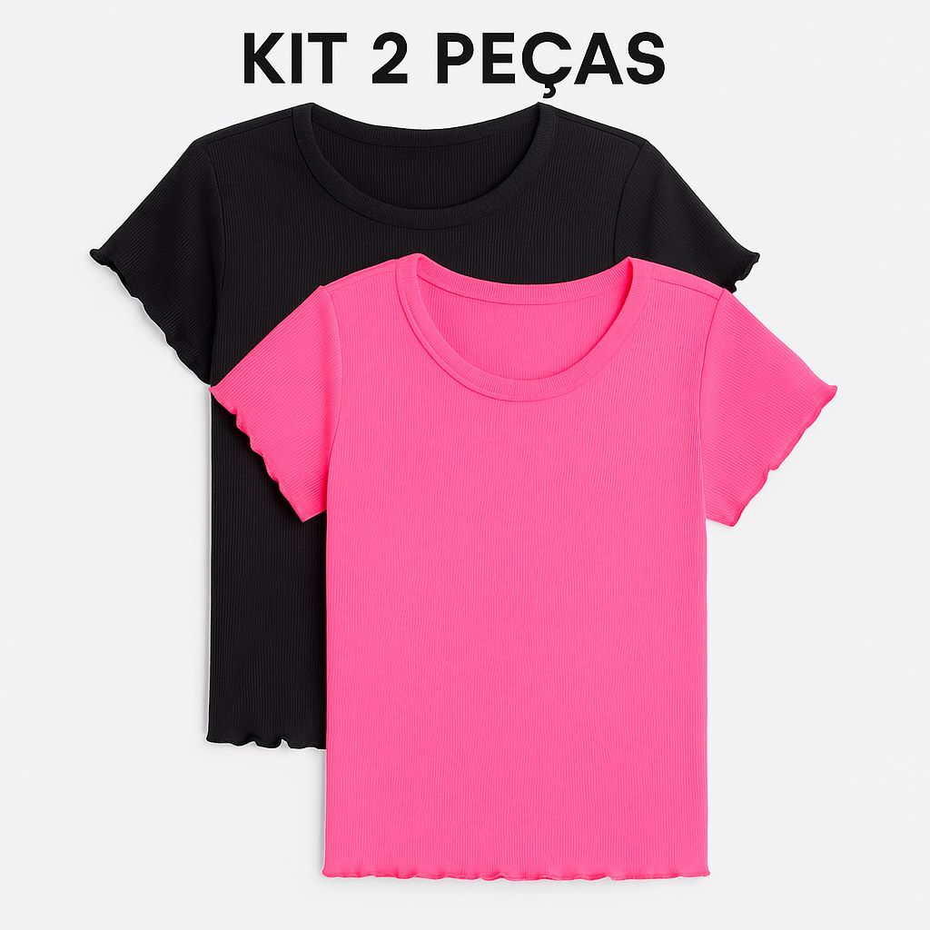 Kit 2 Peças Baby Look Juvenil Camiseta Feminina Babado Fru-Fru Premium Confortável