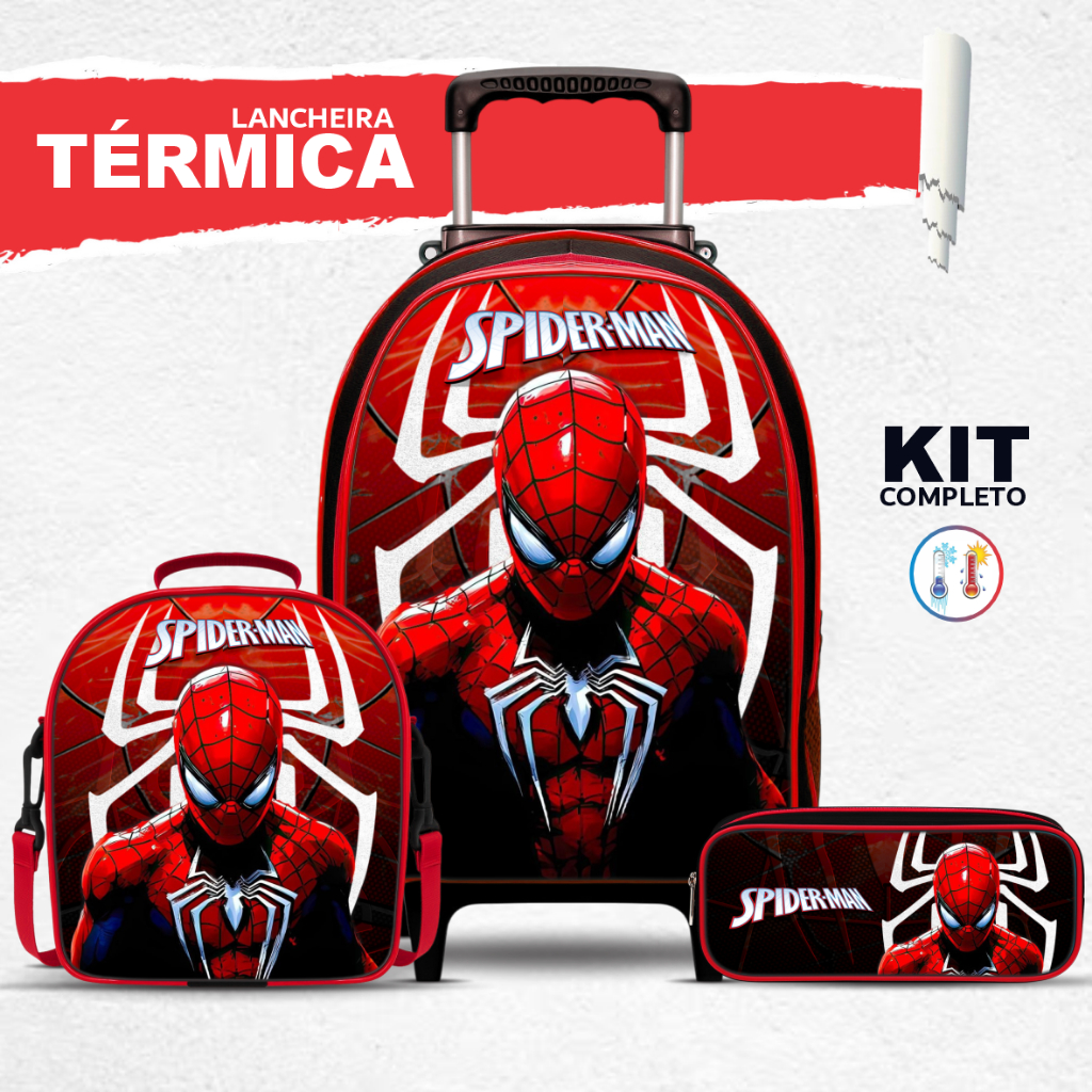 Mochila Escolar Aranha com Lancheira TÉRMICA e Estojo BOX – Rodinha – Menino – Masculino