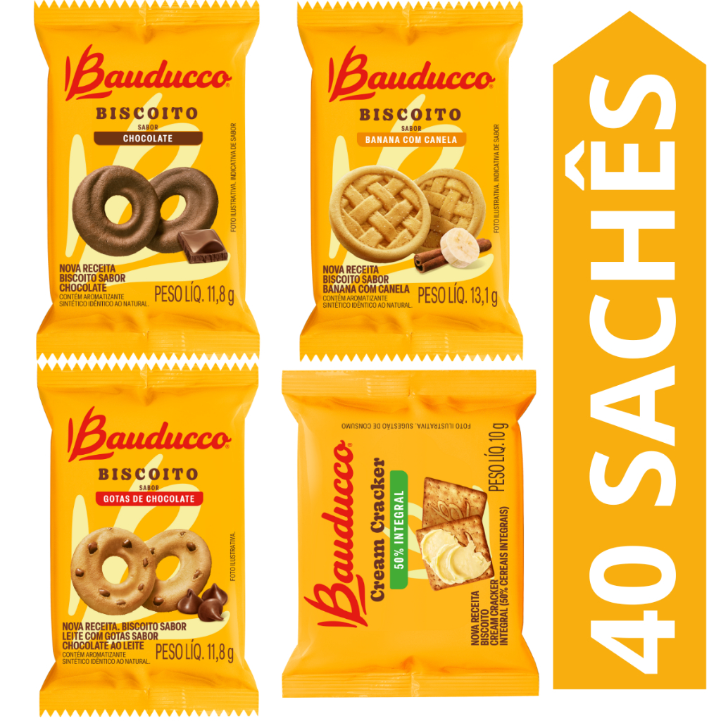 Kit 40 Sachês Biscoito Bauducco Sabores Cereale Cacau, Banana Com Canela, Cream Cracker, Maizena