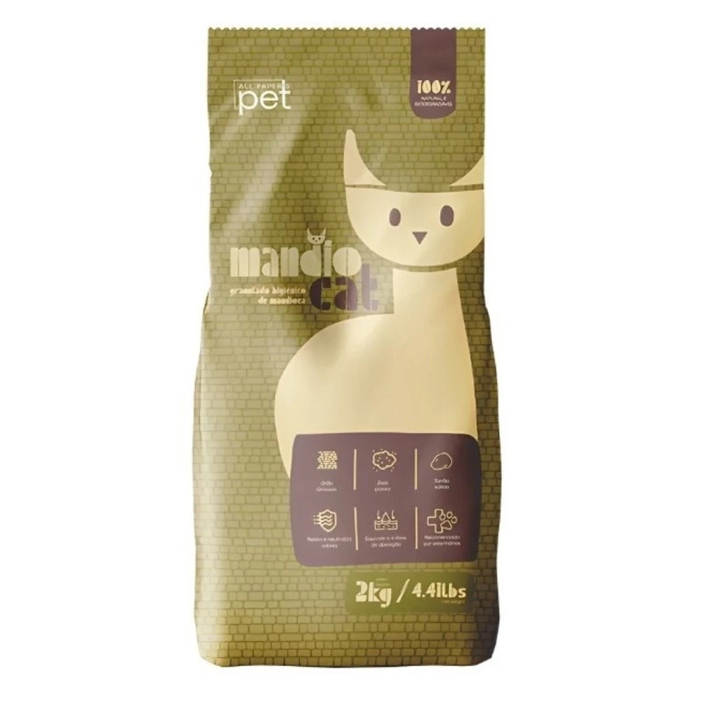 Areia Higiênica Mandiocat 2kg  Natural de Mandioca, Elimina Odores, Forma Torrões, Eco-Friendly