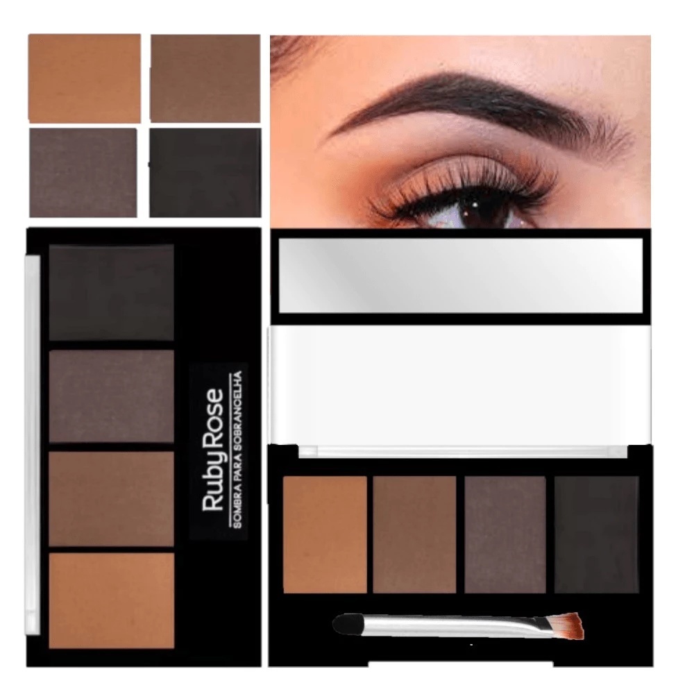 Trio de Sombra para Sobrancelha Ruby Rose com Primer/Pincel Duplo e Espelho