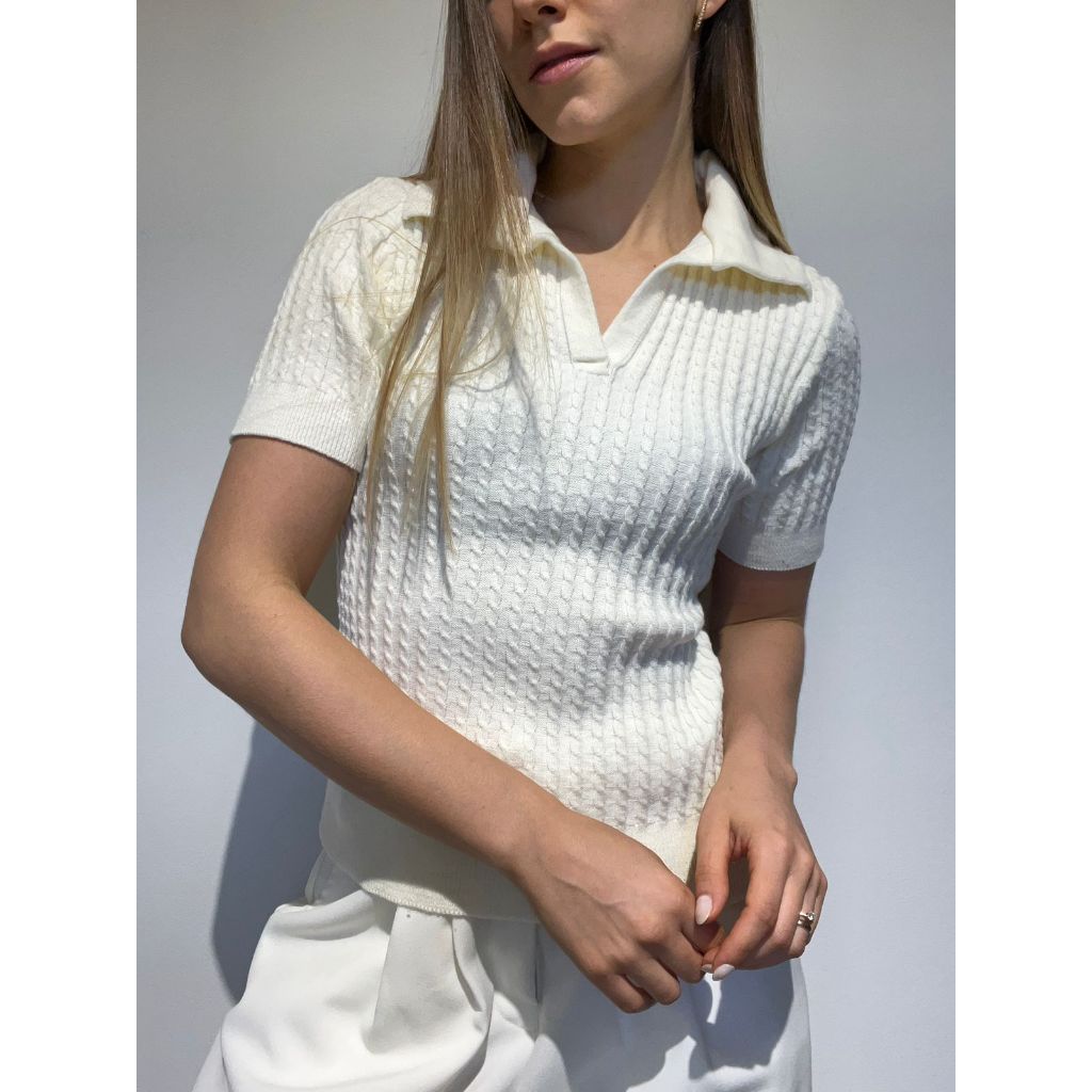 Camiseta Polo Trançada Tricô Moda Feminina Verão Tricot Modal