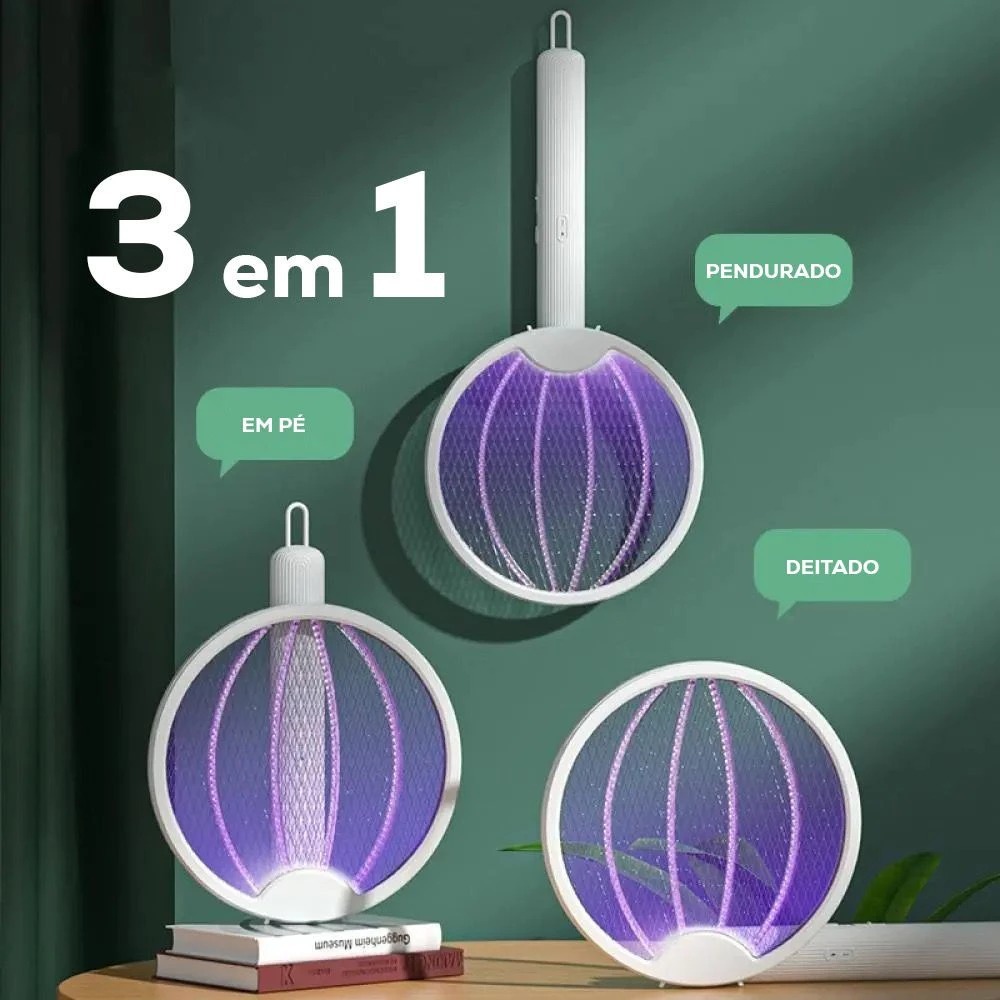 3 em 1 Raquete Elétrica Dobrável Recarregável USB para Mosquitos