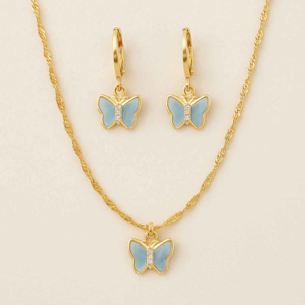 Conjunto Kit Colar e Brinco Banhado a Ouro Borboleta Azul Conjunto Infantil ou Adulto Antialérgico c