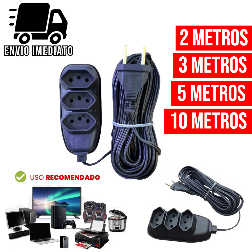 Extensão Elétrica Bivolt com 3 Tomadas 110v 220v Tripolar Alexa Compacta 2 3 5 e 10 Metros