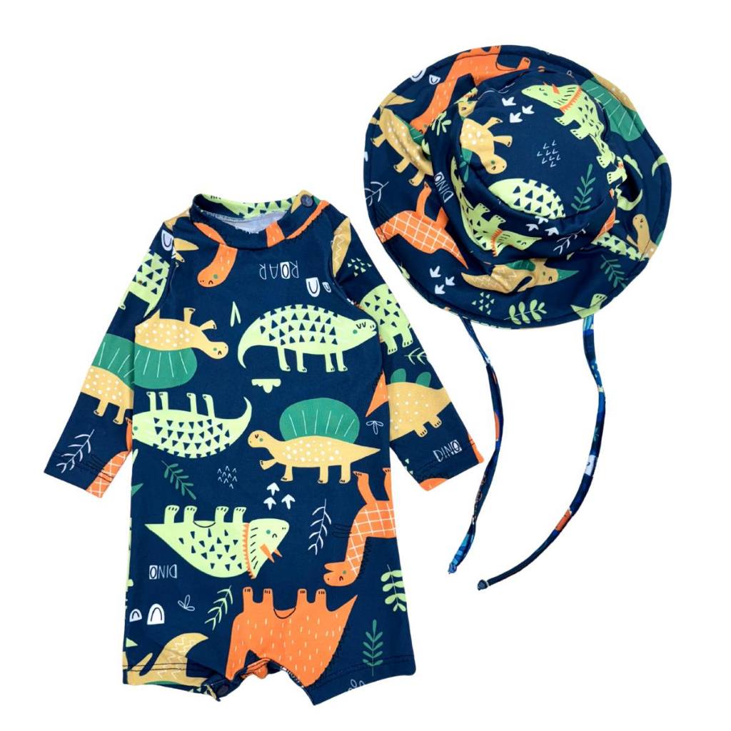 Macaquinho + Chapéu Proteção Solar Uv Praia Verão Menino Menina Roupa de Banho Piscina Bebê