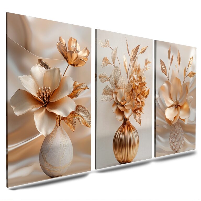 quadros decorativos 3 peças vasos de flores bege 