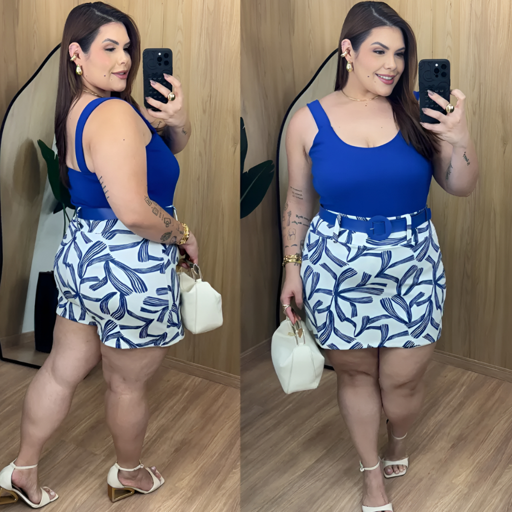 Conjunto Blusa Regata e Short Saia com Cinto Plus Size Conjuntinho Feminino