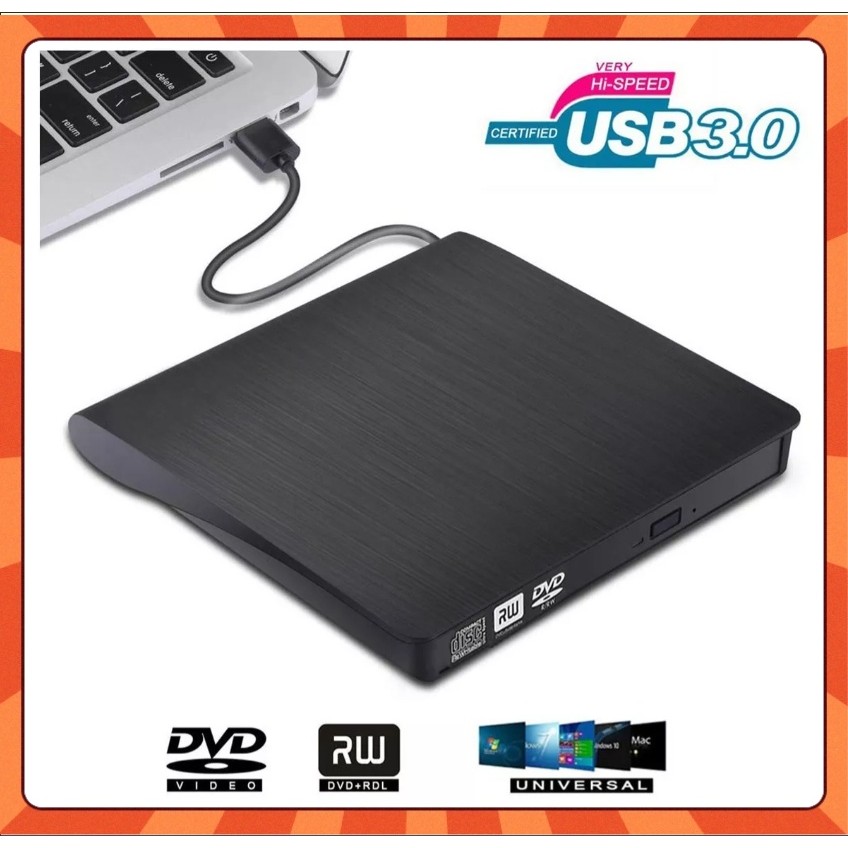Leitor e Gravador de CD/DVD Externo Portátil Slim Preto USB 3.0 Alta Velocidade para PC