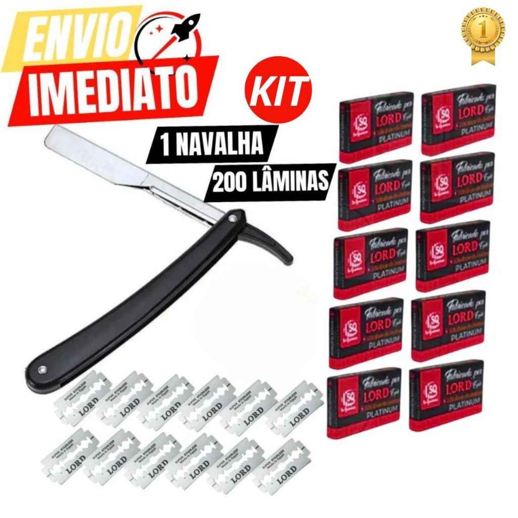 Kit De Navalha Navalhete + 200 Lâminas Inox cabo Plástico Premium Leve Destreza Barbear Barbearia Ca