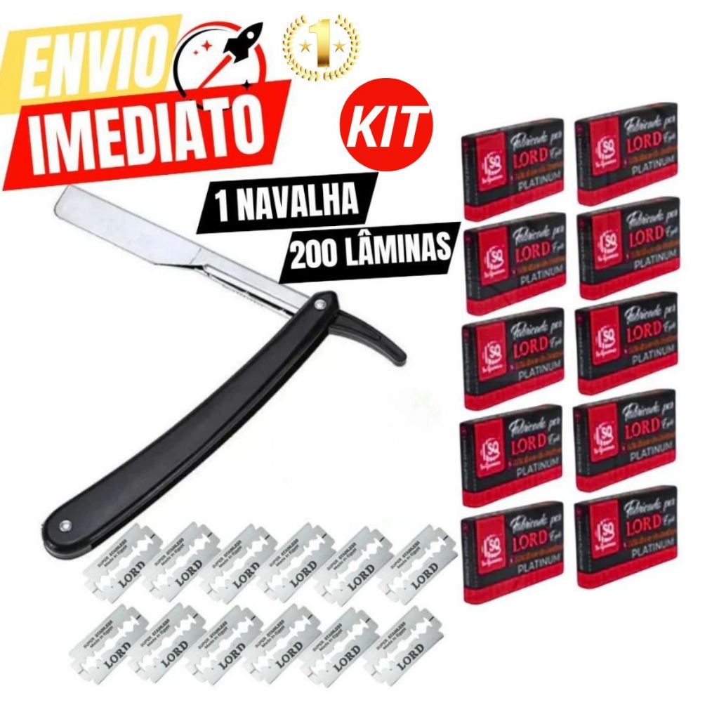 Kit C/ Navalha Navalhete + 200 Lâminas Inox cabo Plástico Premium Leve Destreza Barbearia Cabeleirei