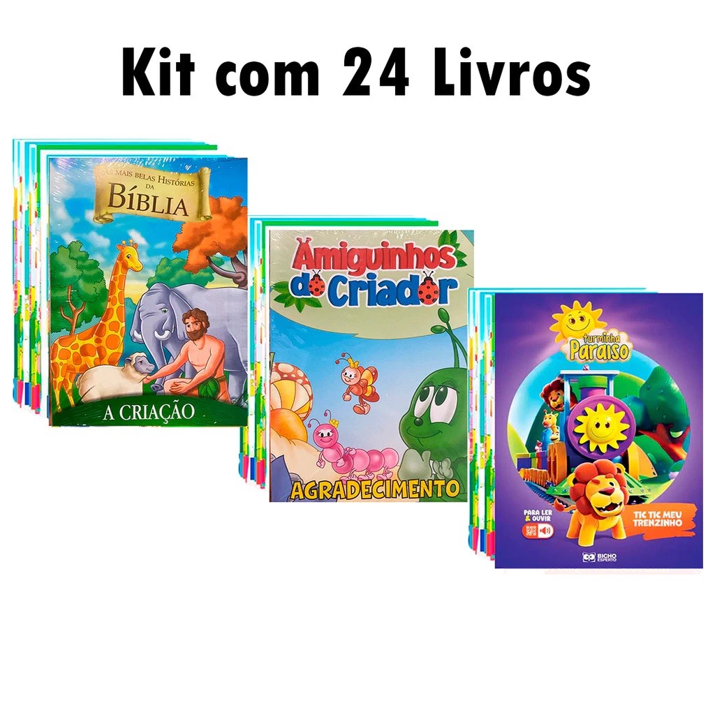Kit C/ 24 livrinhos bíblicos – Histórias Biblicas + Amiguinhos do Criador + Turminha Paraíso