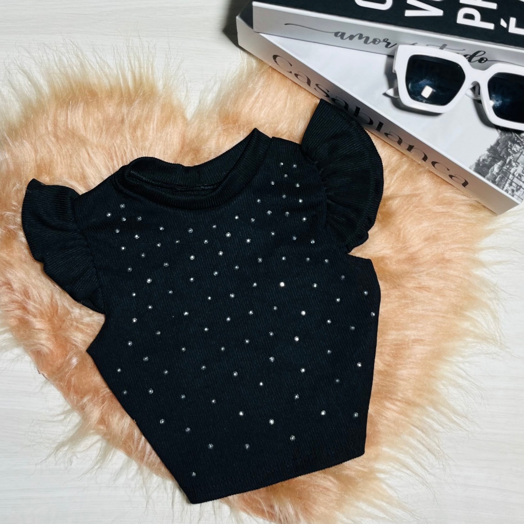Blusa Infantil Cropped Pedraria Babado na Manga Fashion Moda Bloguerinha Casual Dia a Dia