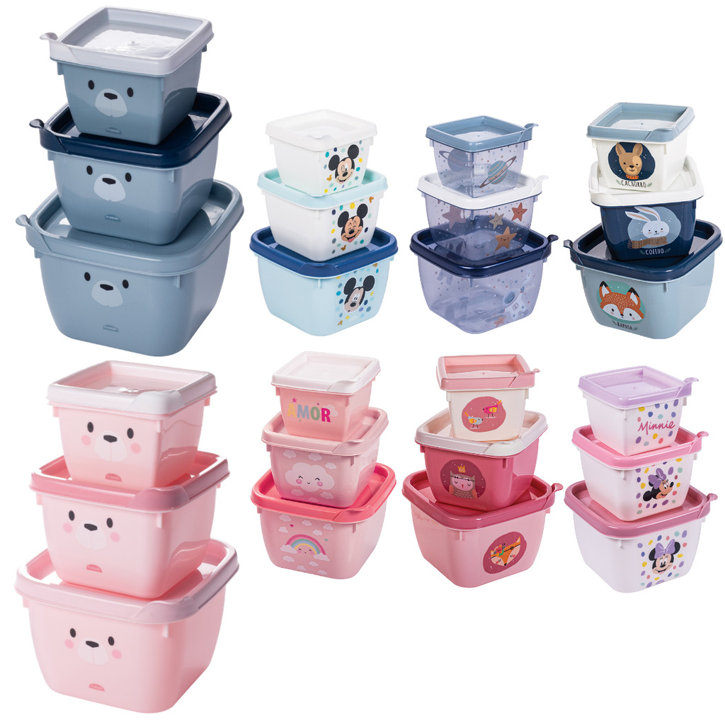 Kit 3 Potinhos Conect Com Tampa Plasútil Baby 140/270/470ml Armazenar Lanche Infantil Papinha Bebê