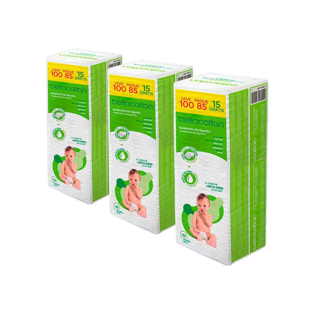 Kit 3 Algodão Quadrado Baby  300 Unidades Bellacotton