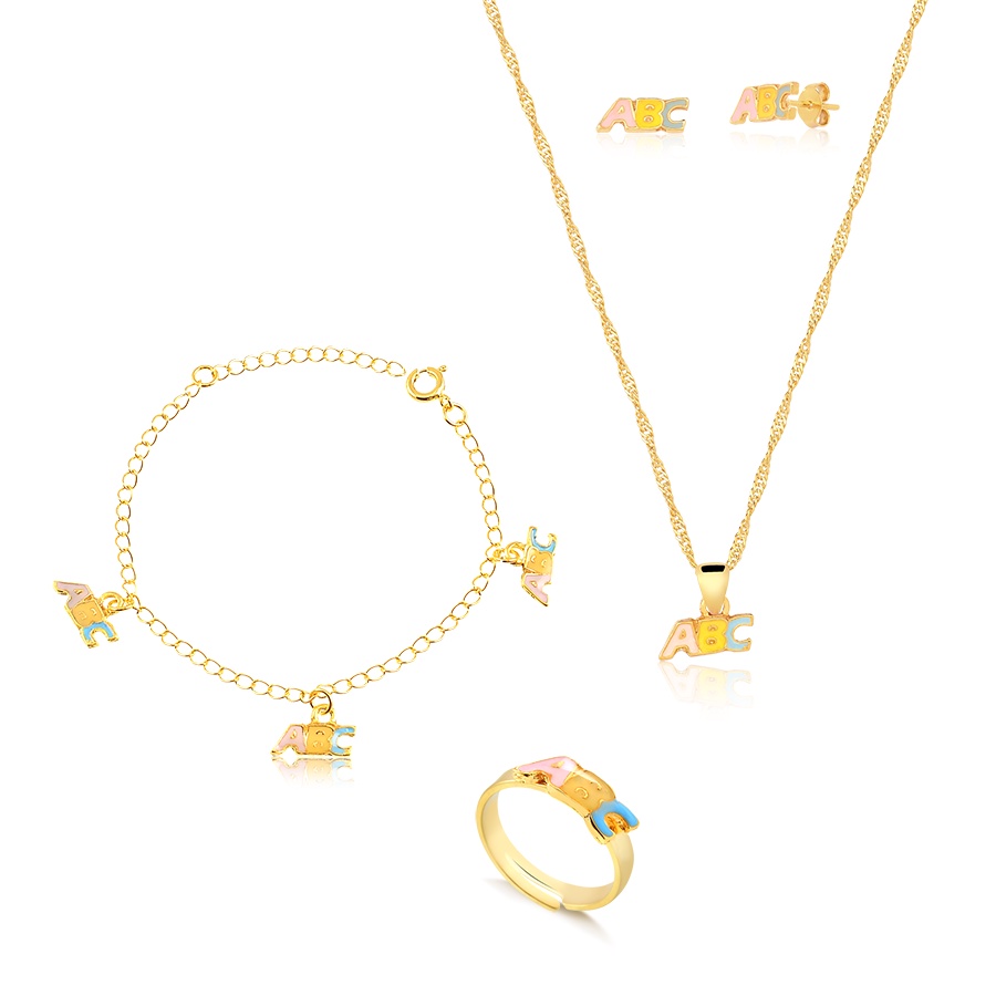 Kit Conjunto Infantil ABC em Resina com Colar, Pingente, Brinco, Pulseira e Anel Regulável Banhado a