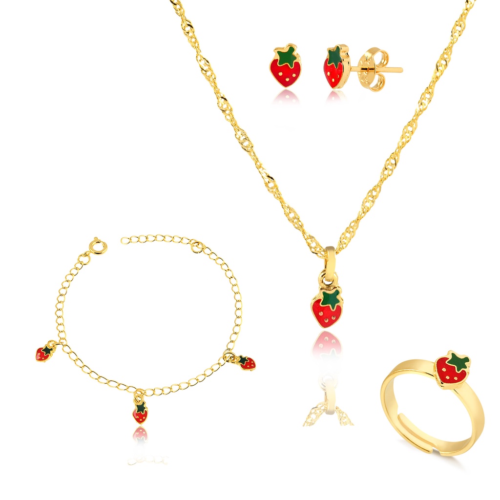 Kit Conjunto Infantil de Colar, Pingente, Brinco Pulseira e Anel Regulável Banhado a Ouro 18k Detalh