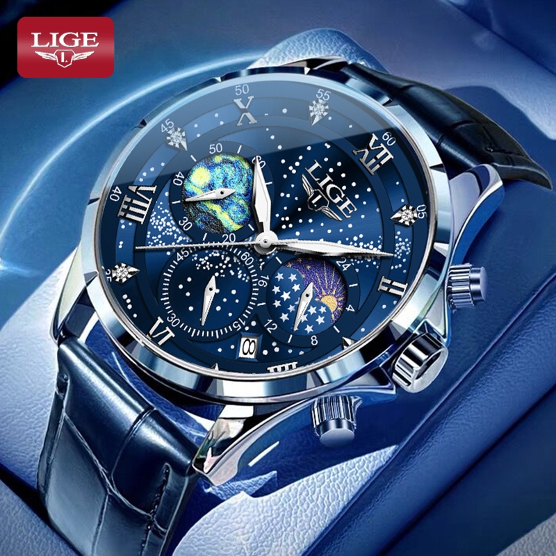LIGE relogio masculino original Multifuncional À Prova Dágua Com Pulseira De Couro Luminoso Esportiv